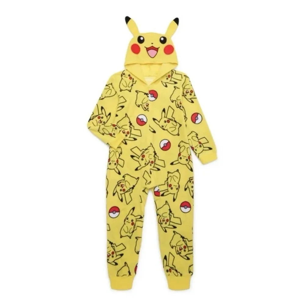 Pokemon Pikachu Union Suit Pajamas Kids 10/12 Yellow All Over Print Costume Hood